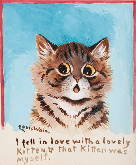 A painted illustration of a brown tabby kitten centered on a light blue background, with a red border and handwritten text at the bottom reading, 'I fell in love with a lovely kitten, and that kitten was myself.'.