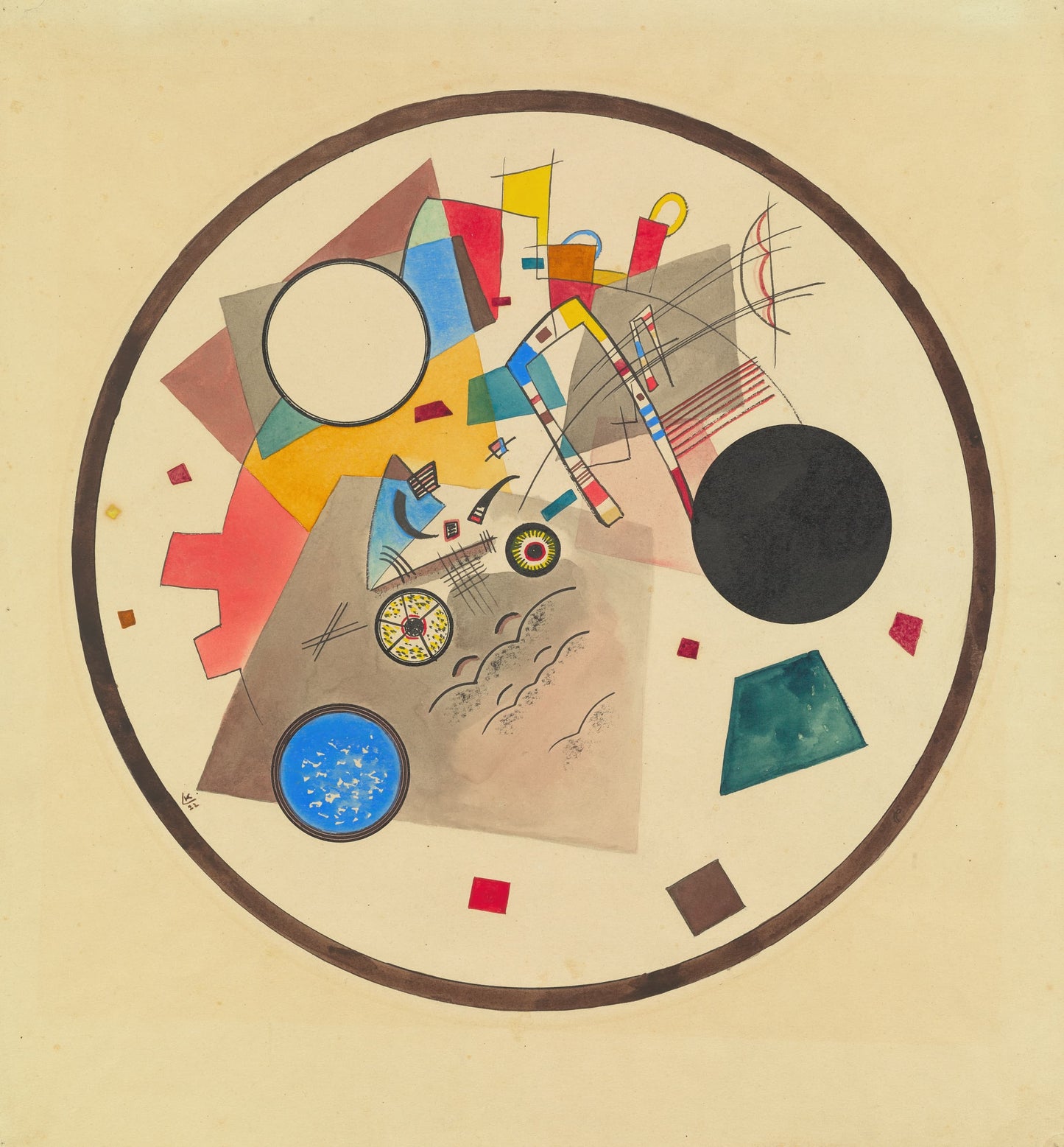 High quality Giclée reproduction of Wassily Kandinsky's 1923 "Circles in a Circle," a Bauhaus Geometric Abstract painting with multiple colors.