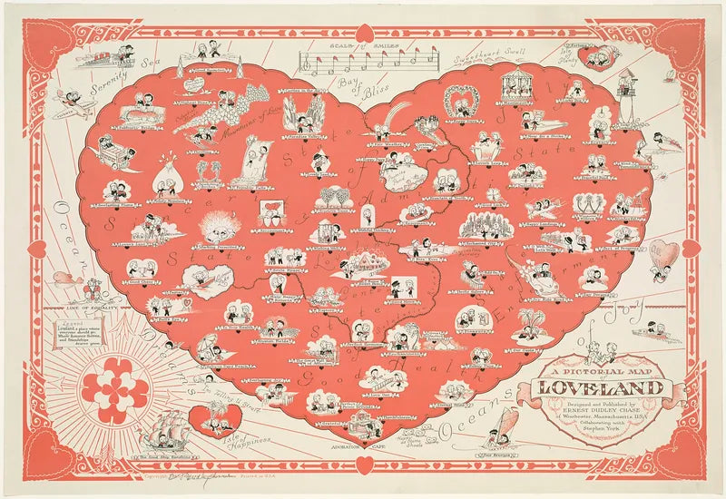 “Loveland” map (1940s) | Love heart wall art print | Ernest Dudley Chase Posters, Prints, & Visual Artwork The Trumpet Shop   