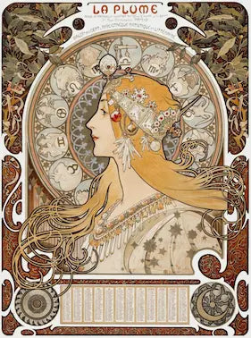 Alphonse Mucha Art Nouveau poster, "Zodiac" (also known as "La Plume"). Features a majestic woman's profile centered against a prominent gold-rimmed halo decorated with the twelve circular signs of the zodiac.