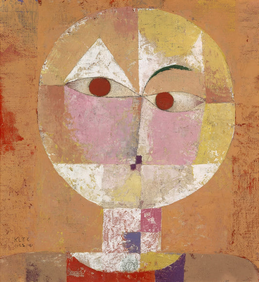 Paul Klee Bauhaus abstract painting, "Senecio" (1922). The work features a geometric, stylized representation of a face composed of simple squares, circles, and triangles in soft yellow, orange, and red tones.