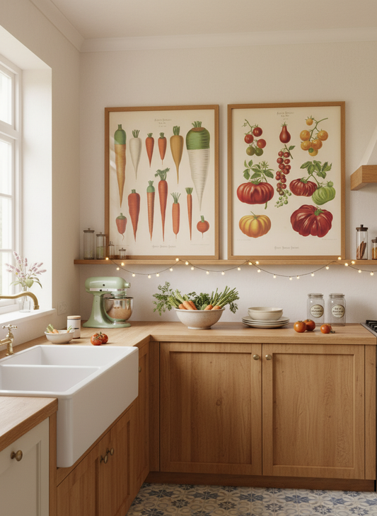 The illustrations feature detailed, lifelike renderings of heirloom carrots and tomatoes, displayed in simple wooden frames with white matting, contributing a rustic, historic charm.