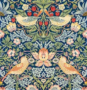 William Morris Arts and Crafts textile design, "Strawberry Thief" (1883). Features a dense, repeating symmetrical pattern of stylized deep indigo and blue thrushes stealing red strawberries and vines across a background of green foliage.