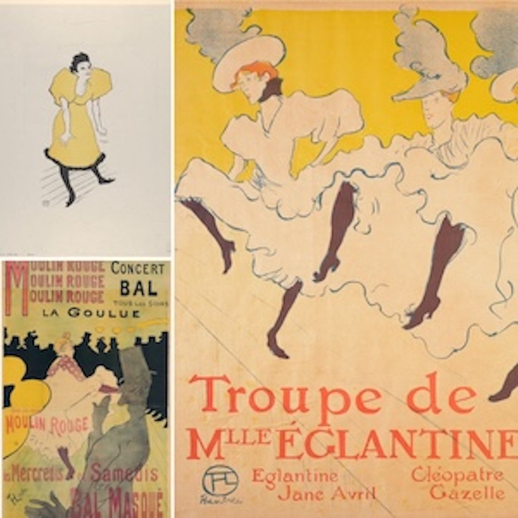 Three high-quality Henri de Toulouse-Lautrec Belle Époque Lithograph Print Reproductions. Features iconic Moulin Rouge and Parisian nightlife art, including 'La Goulue' and 'Troupe de Mlle Eglantine'. 