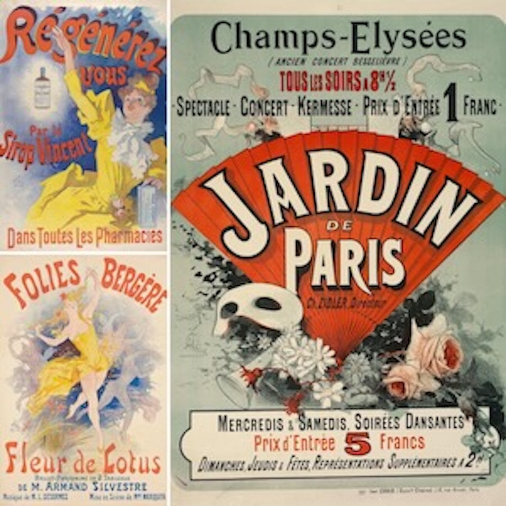 Three high-quality Jules Chéret Belle Époque Poster Prints: Father of the Modern Poster. Features iconic Belle Époque designs for 'Regénérez-vous', 'Jardin de Paris', and 'Folies Bergère - Fleur de Lotus'. 