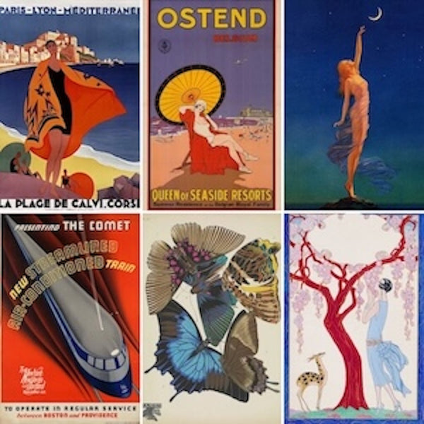 Art Deco wall art prints. Features vibrant vintage travel posters, stylized figures, and designs including 'La Plage de Calvi', 'Ostend', and 'The Comet' train. Perfect for Art Deco enthusiasts and collectors.