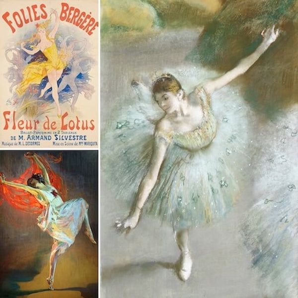 Three high-quality Vintage Ballerina Prints: Degas Style & Art Deco Dance Reproductions. Features a 'Folies Bergère' poster, a classical ballerina, and a dynamic dancer.