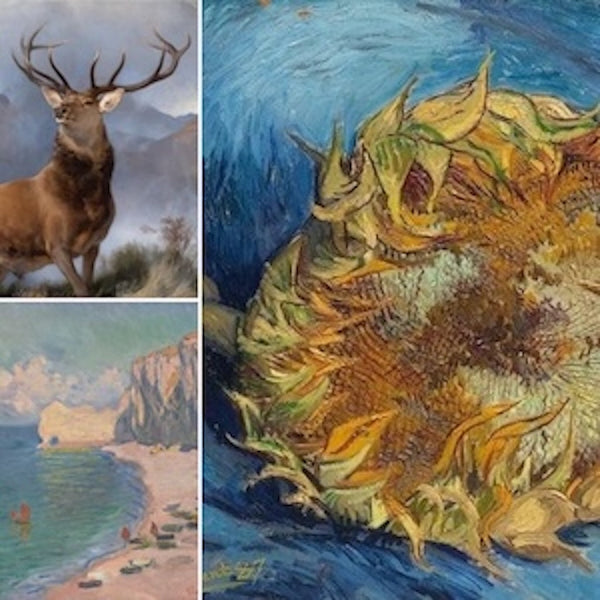 Old Master paintings Reproductions. Features classic paintings: a majestic stag in a landscape, a vibrant Van Gogh sunflower, and a serene beach scene with cliffs. Ideal for traditional and Impressionist art enthusiasts.