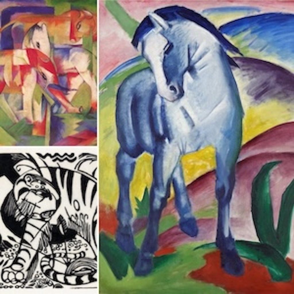 Three high-quality Franz Marc Blue Horse & German Expressionist Art Prints. Features iconic Expressionist and Cubist animal paintings: 'The Blue Horse', 'Red and Blue Horses', and a stylized tiger woodcut. Ideal for modern art collectors.