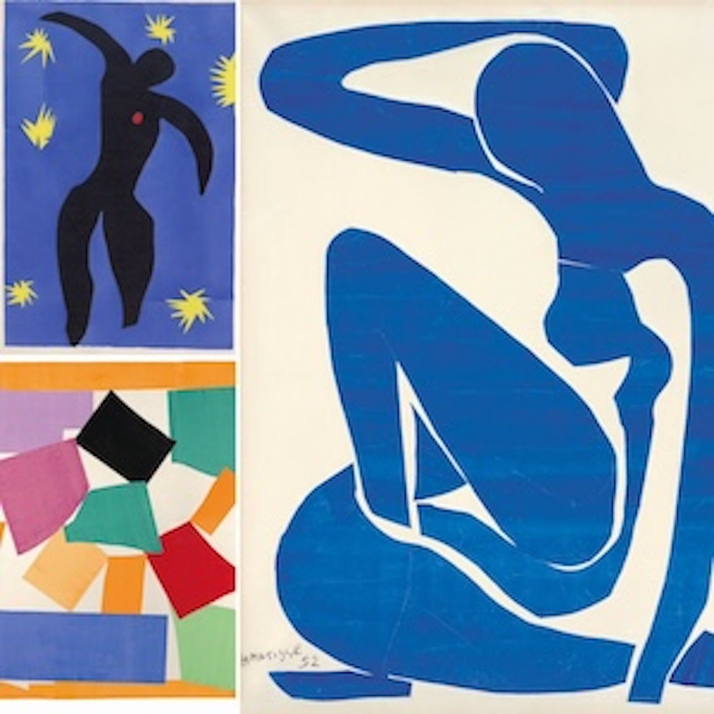 Three high-quality Henri Matisse Cut-Out Prints & Fauvist Art Reproductions. Features iconic abstract cut-outs and bold figures, including 'Icarus', 'Blue Nude', and colorful geometric compositions. 