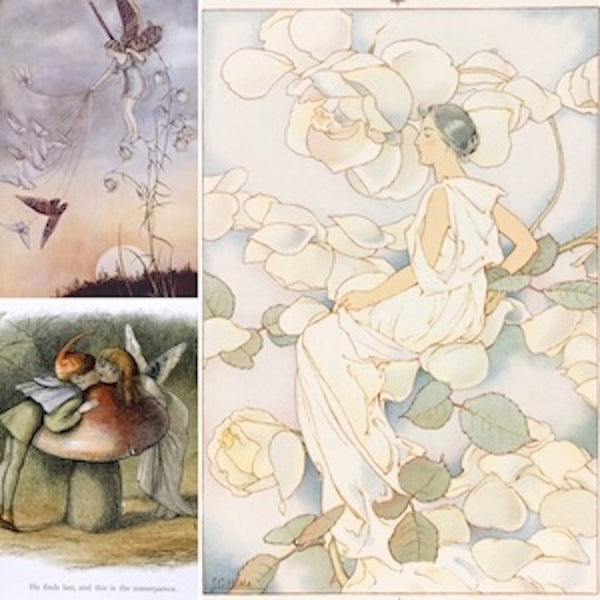 Fairy art prints & Antique Fantasy Art Reproductions. Features whimsical illustrations of magical figures, including an ethereal fairy with butterflies, a sprite on a mushroom, and a woman among white roses. 