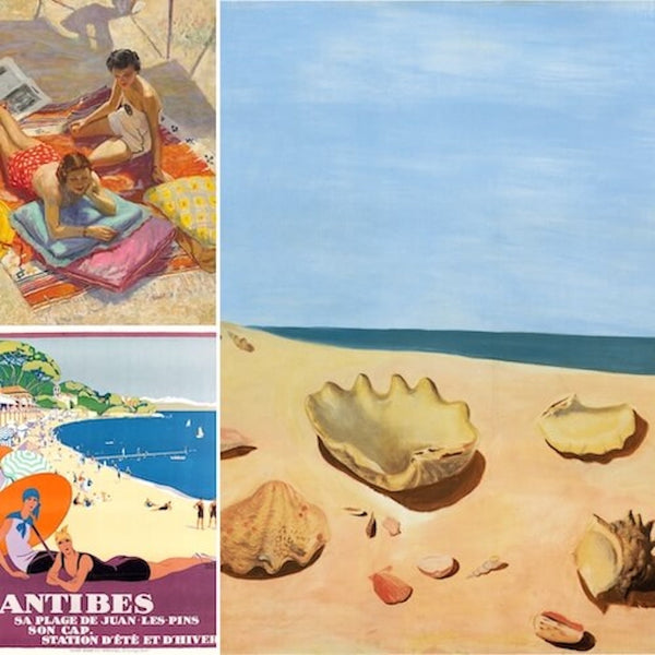 Three high-quality Mid-Century Modern Coastal Prints & Art Deco Beach Posters. Features sunny seaside scenes, relaxed bathers, large seashells, and a classic 'Antibes' travel poster. Perfect for coastal decor and summer art enthusiasts.