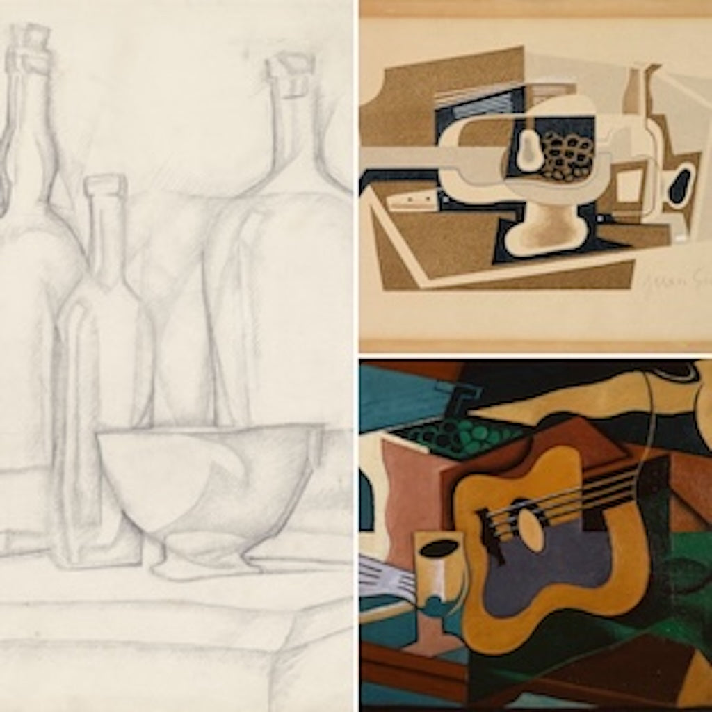 Three high-quality Juan Gris Cubist Print Reproductions: Synthetic Cubism Masterpieces. Features iconic Cubist still life compositions with bottles, fruit, a guitar, and a bowl, showcasing the artist's distinctive fragmented style.