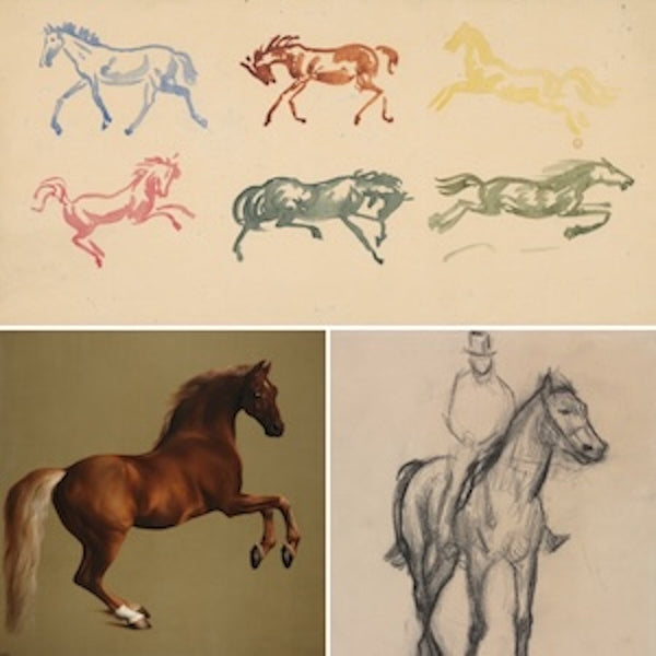 Three high-quality Antique Equestrian & Sporting Art Print Reproductions. Features diverse equine art including colorful abstract horse studies, a majestic brown horse rearing, and a charcoal sketch of a rider on horseback. 