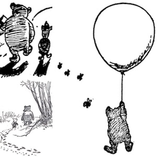 E.H. Shepard Winnie the Pooh Prints. Features classic E.H. Shepard illustrations: Pooh with Piglet, Pooh floating with a balloon, and Pooh walking with a friend.