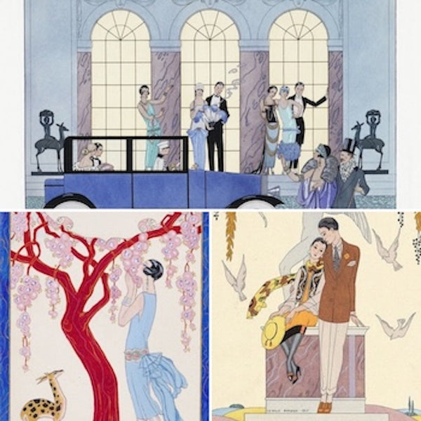 Three high-quality George Barbier Art Deco Fashion Print Reproductions. Features elegant Art Deco fashion illustrations and sophisticated scenes from the 1920s, including stylized figures and luxurious settings. 