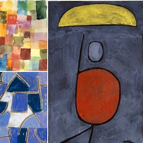 Three high-quality Paul Klee Bauhaus Abstract Geometric Print Reproductions. Features iconic abstract and Expressionist art, including colorful geometric patterns, a 'Head of a Man' figure, and a blue abstract composition.
