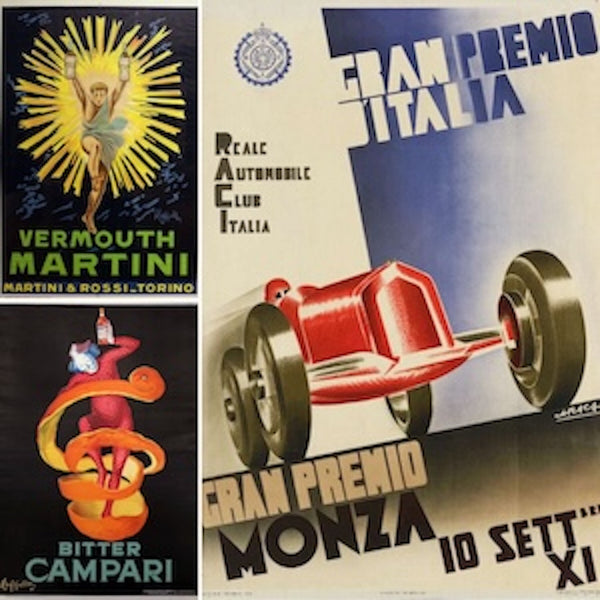Italian vintage prints: Art Deco Travel & Luxury Advertisements. Features iconic advertisements: a Vermouth Martini ad, a Gran Premio Italia / Monza auto race poster, and a striking Campari bitter ad.