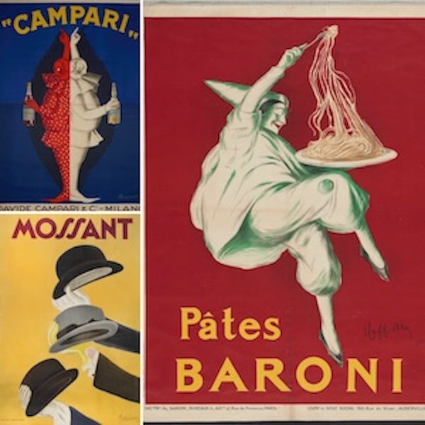 Cappiello Poster Reproductions. Features iconic advertising art including Campari, Mossant Hats, and Pâtes Baroni (pasta). 