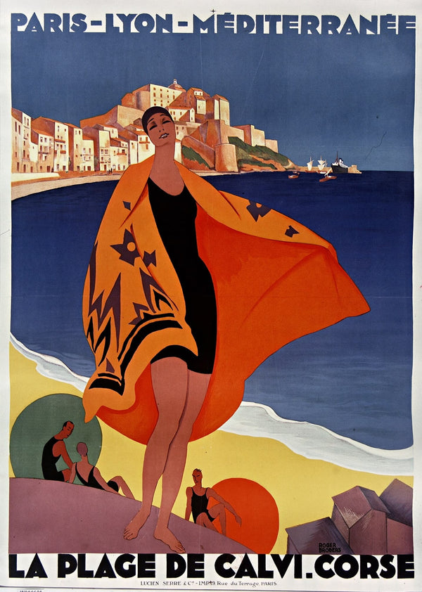 High-quality Giclée reproduction of Roger Broders' 1930s Calvi, Corsica travel poster, featuring a woman in a black swimsuit and orange robe on the beach with the citadel in the background, Art Deco style.