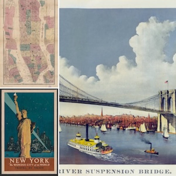 Three high-quality Vintage New York Travel Posters and Art Deco Prints. Features historical NYC scenes: a detailed city map, a vibrant view of the Brooklyn Bridge with a ferry, and a classic Statue of Liberty travel poster. 