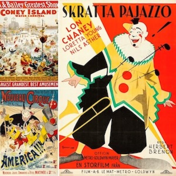 Vintage Circus Wall Art: Golden Age Show Prints. Features vibrant designs for 'Coney Island Water Carnival', 'Nouveau Cirque', and Lon Chaney in 'Skratta Pajazzo' (The Clown). Perfect for entertainment and historical art collectors.