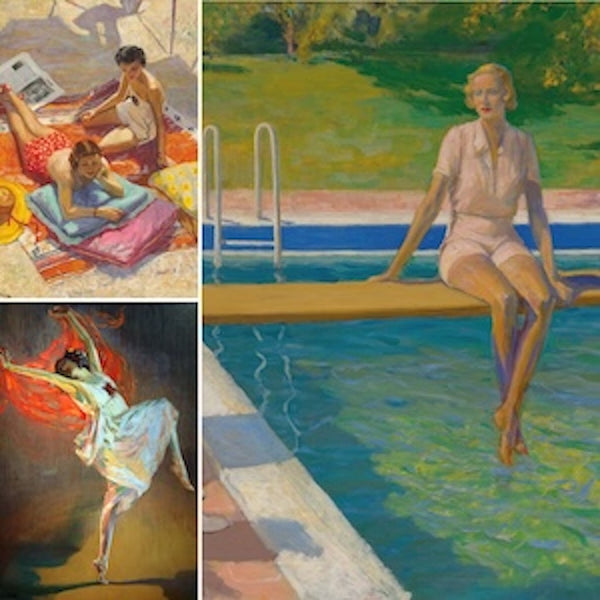 Glasgow Boys prints: Scottish Art Reproductions. Features Impressionistic scenes: 'The Beach', a vibrant ballerina, and a woman by a swimming pool. Ideal for Scottish art and Post-Impressionist painting collectors.
