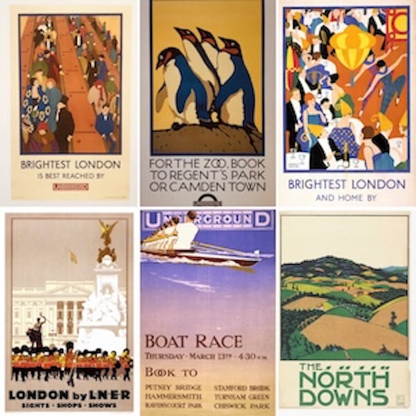 Art Deco Underground Posters & Transport Prints. Features iconic travel and event posters: 'Brightest London', 'For The Zoo', 'Boat Race', and 'The North Downs'. Perfect for British history and travel art collectors.
