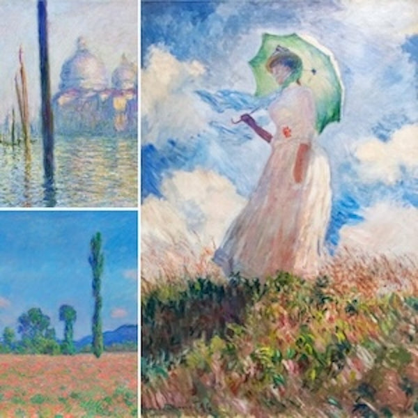 Three high-quality Claude Monet impressionist prints. Features iconic paintings: 'Woman with a Parasol', 'Venice, Grand Canal', and a vibrant 'Poppy Field' landscape. Perfect for fine art and Impressionism enthusiasts.