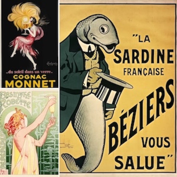 Three high-quality Vintage French Poster Reproductions. Features iconic advertisements: Cognac Monnet, 'La Sardine Française', and Absinthe Robette. Ideal for Francophiles and collectors of historical European advertising.