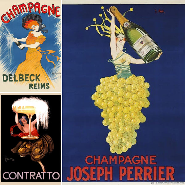 Champagne Posters. Features classic beverage advertisements including 'Delbeck Reims', 'Joseph Perrier', and 'Contratto'. Ideal for bar decor and collectors of historical alcohol ads.