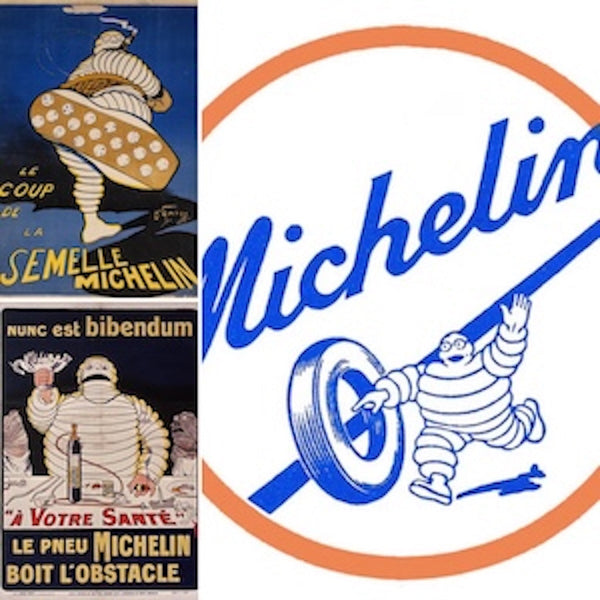 Vintage Michelin Poster Reproductions. Features classic Bibendum advertisements for tires, including 'Le Coup de la Semelle Michelin' and 'A Votre Sante'. 