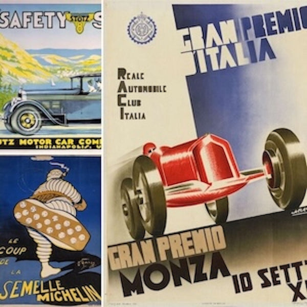 Three high-quality Vintage Car Posters: Art Deco Grand Prix & Historic Race Prints. Features classic auto advertisements and race posters like 'Stutz Motor Car Company', 'Gran Premio Italia / Monza', and a Michelin Man tire ad. 