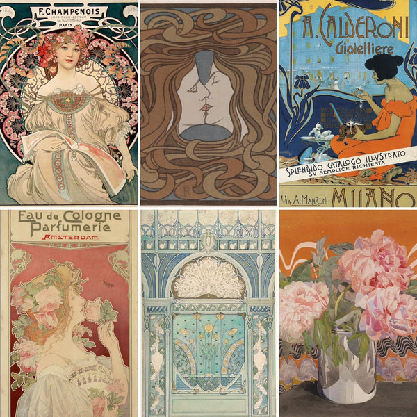 French poster Art Nouveau prints and Belle Époque Reproductions. Features elegant women, intricate floral designs, vintage advertisements like F. Champenois and A. Calderoni, and stylized nature motifs. Perfect for Art Nouveau art collectors.