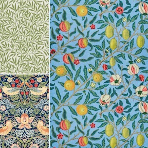 William Morris Art Prints: Arts & Crafts Pattern Reproductions. Features iconic Arts and Crafts textile designs: 'Willow Boughs', 'Strawberry Thief' with birds, and 'Fruit' with pomegranates. 