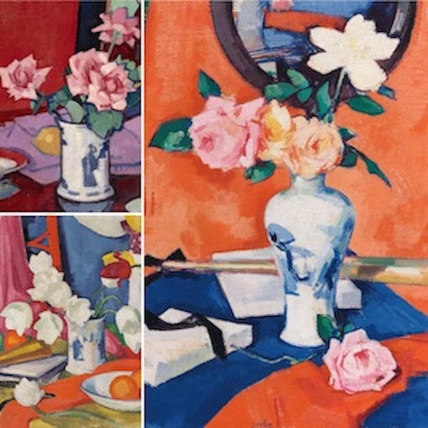 Peploe prints Scottish Colourist Reproductions. Features vibrant Scottish Colourist still life paintings with roses in blue-and-white vases, set against rich, colorful backgrounds.