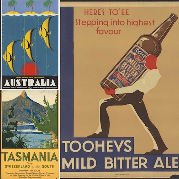 Three high-quality Vintage Australian Travel Poster Reproductions. Features iconic travel ads for Australia and Tasmania, plus a classic Tooheys Mild Bitter Ale beer poster. Perfect for collectors of historical Australian advertising.