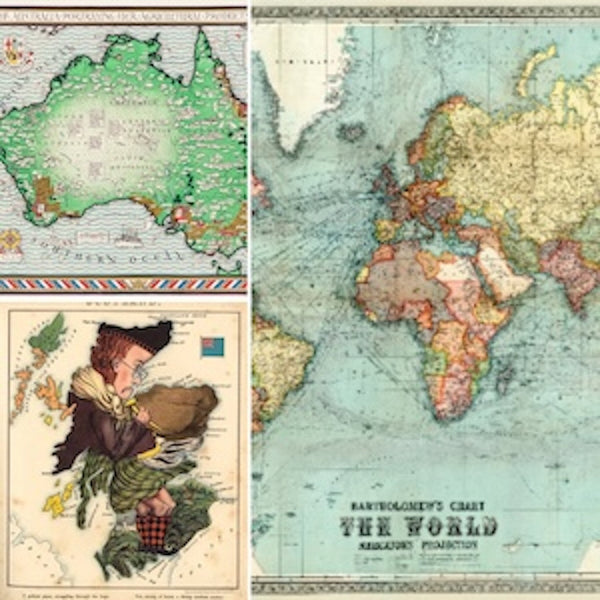 Three high-quality Vintage Map Prints: Antique World Map & Celestial Chart Reproductions. Features historical cartography, including a colorful world map, a detailed map of Australia, and a whimsical political caricature map. 