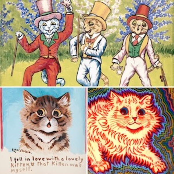 Four high-quality Louis Wain Anthropomorphic Cat Prints & Vintage Feline Illustrations. Features whimsical and psychedelic feline illustrations, including anthropomorphic cats in costumes and vibrant, stylized kittens. 