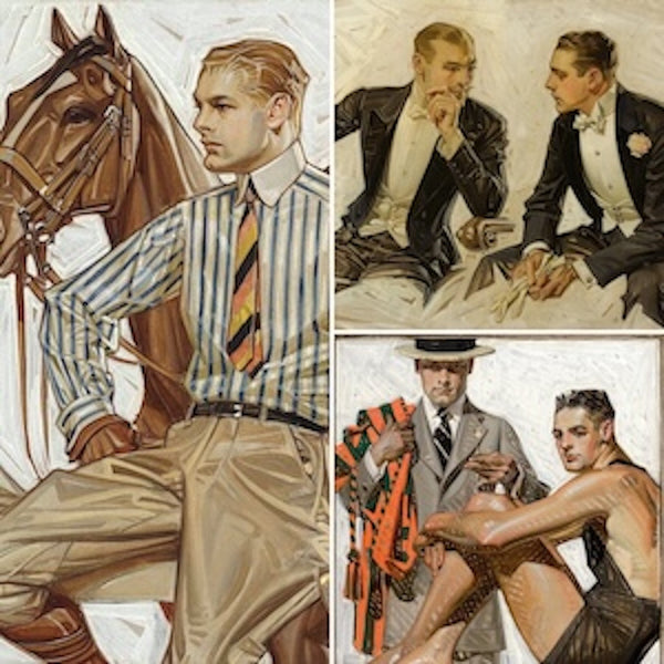 J.C. Leyendecker prints: Golden Age Illustration Reproductions. Features iconic vintage illustrations of stylish men in dapper attire and classic scenes, reflecting early 20th-century fashion.