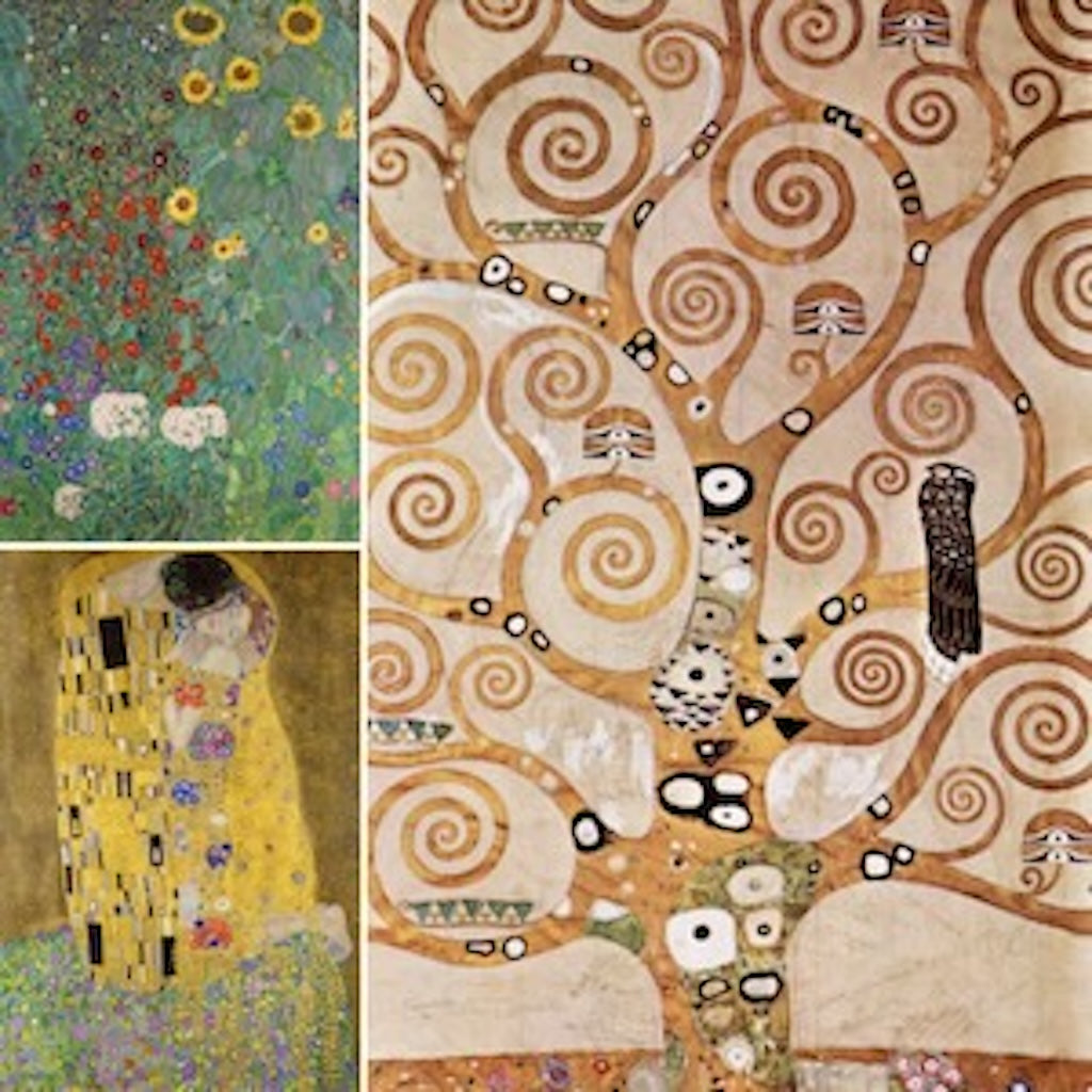 Three high-quality Gustav Klimt Golden Phase Giclée Print Reproductions. Features iconic Symbolist and Art Nouveau masterpieces: 'The Kiss', 'The Tree of Life', and 'Flower Garden'. Ideal for fine art and modern art enthusiasts.
