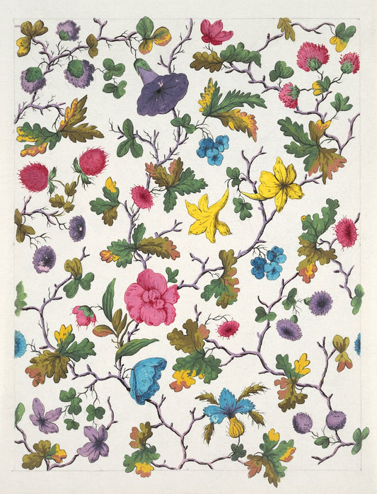 High-quality Giclée reproduction of an 1800s floral pattern design, showing colorful vines, leaves, and various flowers (including purple and yellow blooms) on a white background, textile design print.