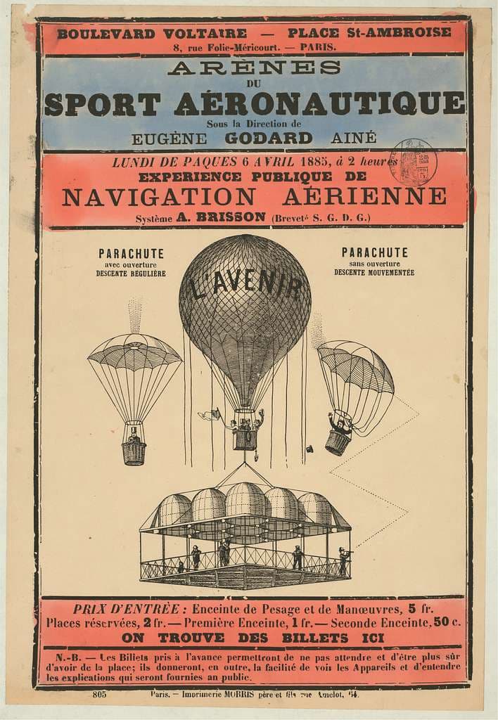 High-quality Giclée reproduction of the 1885 Paris Aeronautics Show poster, featuring a balloon named 'L'Avenir' and illustrations of parachutes, vintage aviation history print.