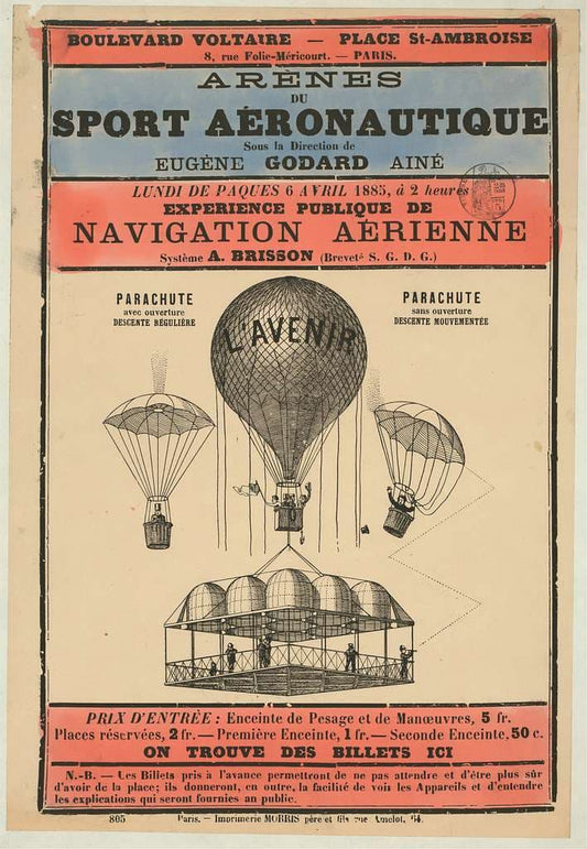 High-quality Giclée reproduction of the 1885 Paris Aeronautics Show poster, featuring a balloon named 'L'Avenir' and illustrations of parachutes, vintage aviation history print.