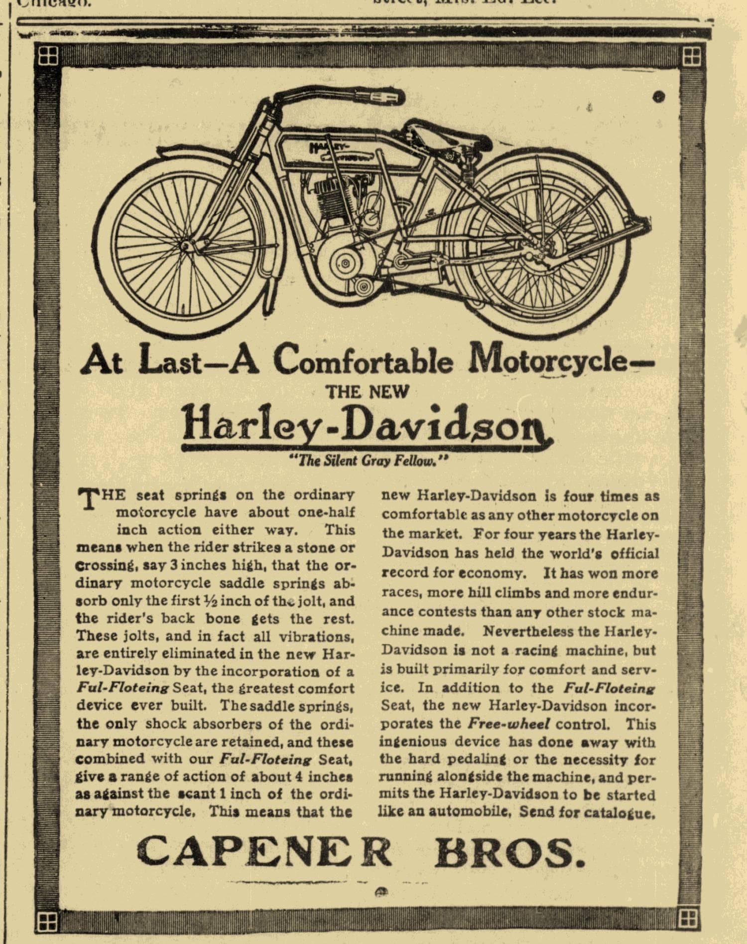 High-quality Giclée reproduction of the 1912 Harley-Davidson advertisement, featuring a side-view illustration of the motorcycle and text describing the "Ful-Floting Seat" comfort feature, vintage industrial print.
