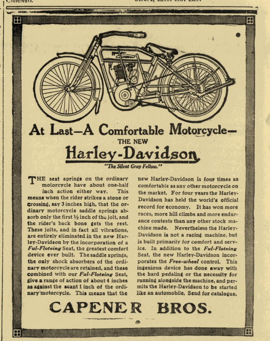 High-quality Giclée reproduction of the 1912 Harley-Davidson advertisement, featuring a side-view illustration of the motorcycle and text describing the "Ful-Floting Seat" comfort feature, vintage industrial print.