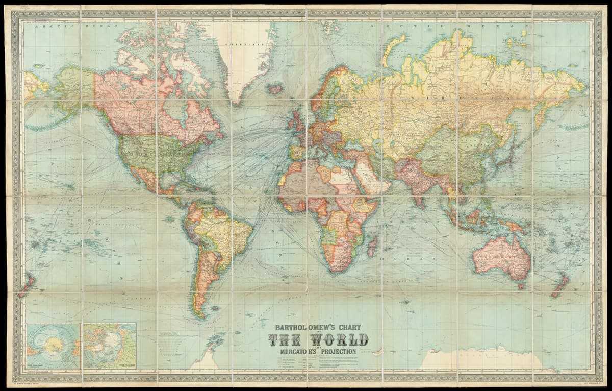 High-quality Giclée reproduction of Bartholomew's 1914 World Map, showing political boundaries and colonies just before WWI, Mercator Projection, historical cartography.
