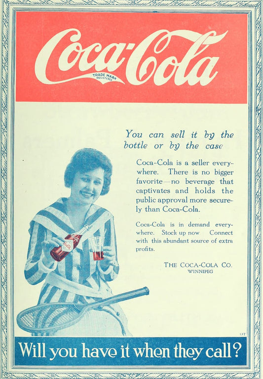High-quality Giclée reproduction of a 1919 Coca-Cola advertisement from Canadian Grocer, featuring a woman in a striped outfit holding a bottle and tennis racket, vintage beverage ad.