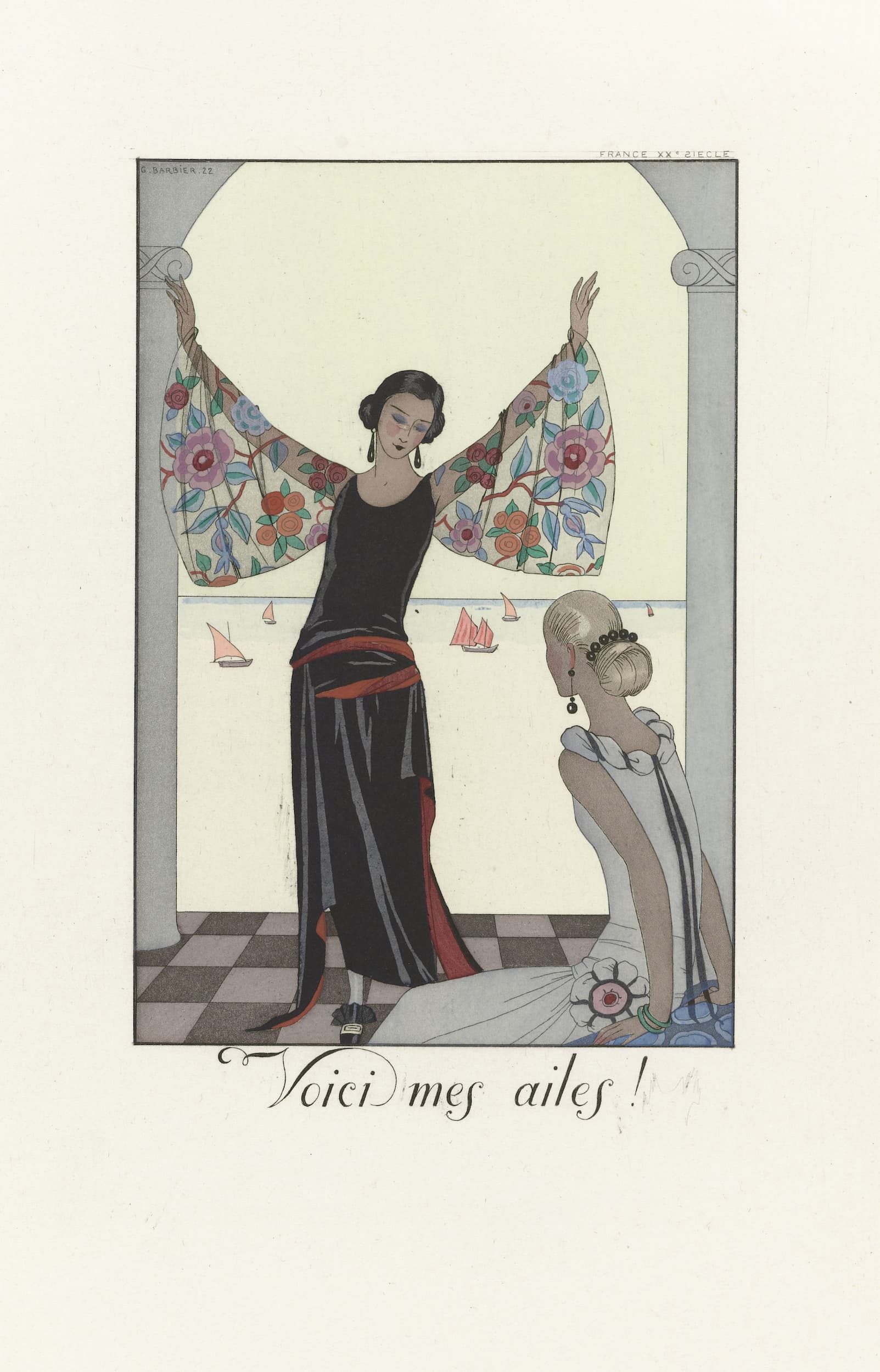 Artistic illustration of a woman in a floral kimono with text 'Voici mes ailes!' on a checkered floor.
