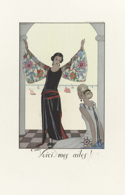 Artistic illustration of a woman in a floral kimono with text 'Voici mes ailes!' on a checkered floor.